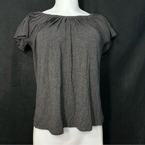 Women's S Dark Grey Ruffled Scoop Neck Short Sleeve Shirt - Grayson